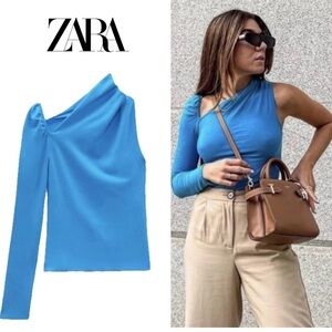Zara blue asymmetrical long sleeve off the shoulder fitted shirt blouse top Sz S